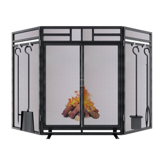 Fireplace Screen with Tools / 3 Panel Foldable Metal Fireplace Guard with Door