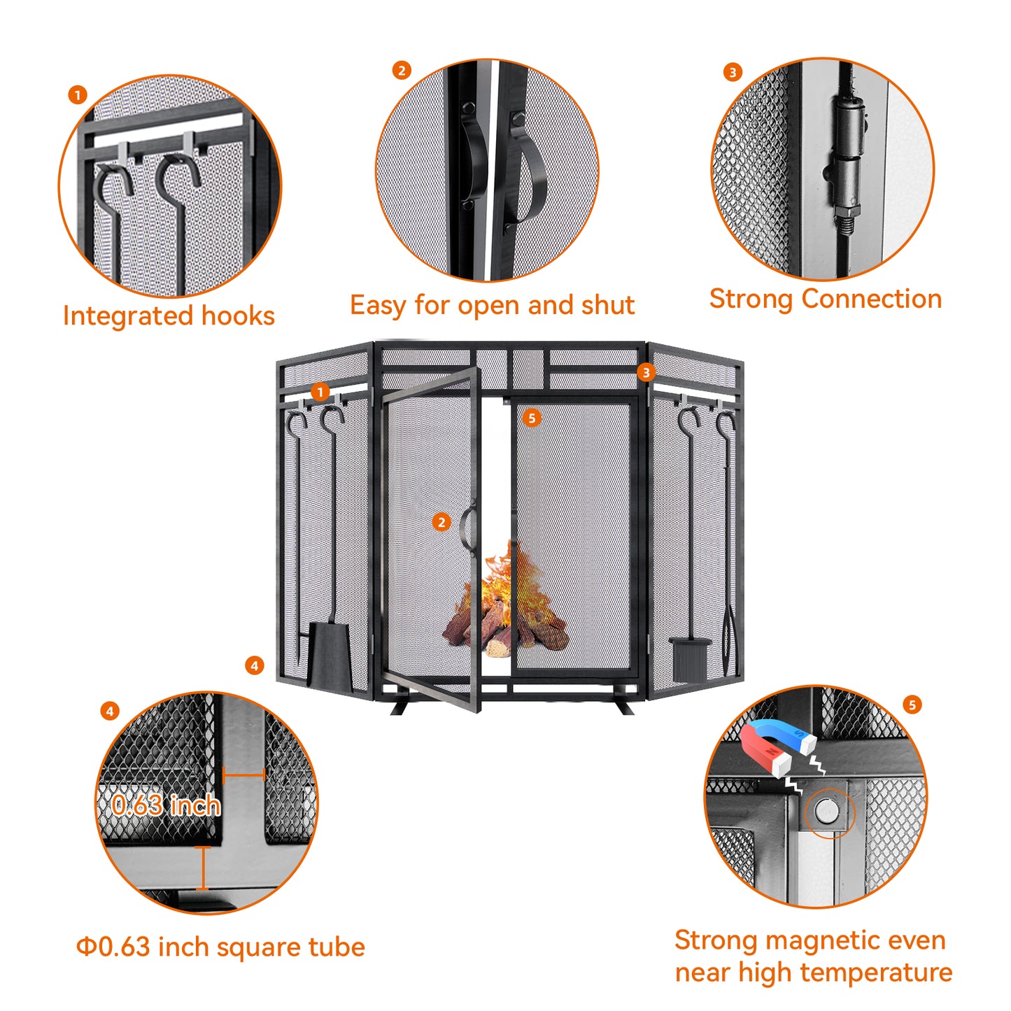 Fireplace Screen with Tools / 3 Panel Foldable Metal Fireplace Guard with Door