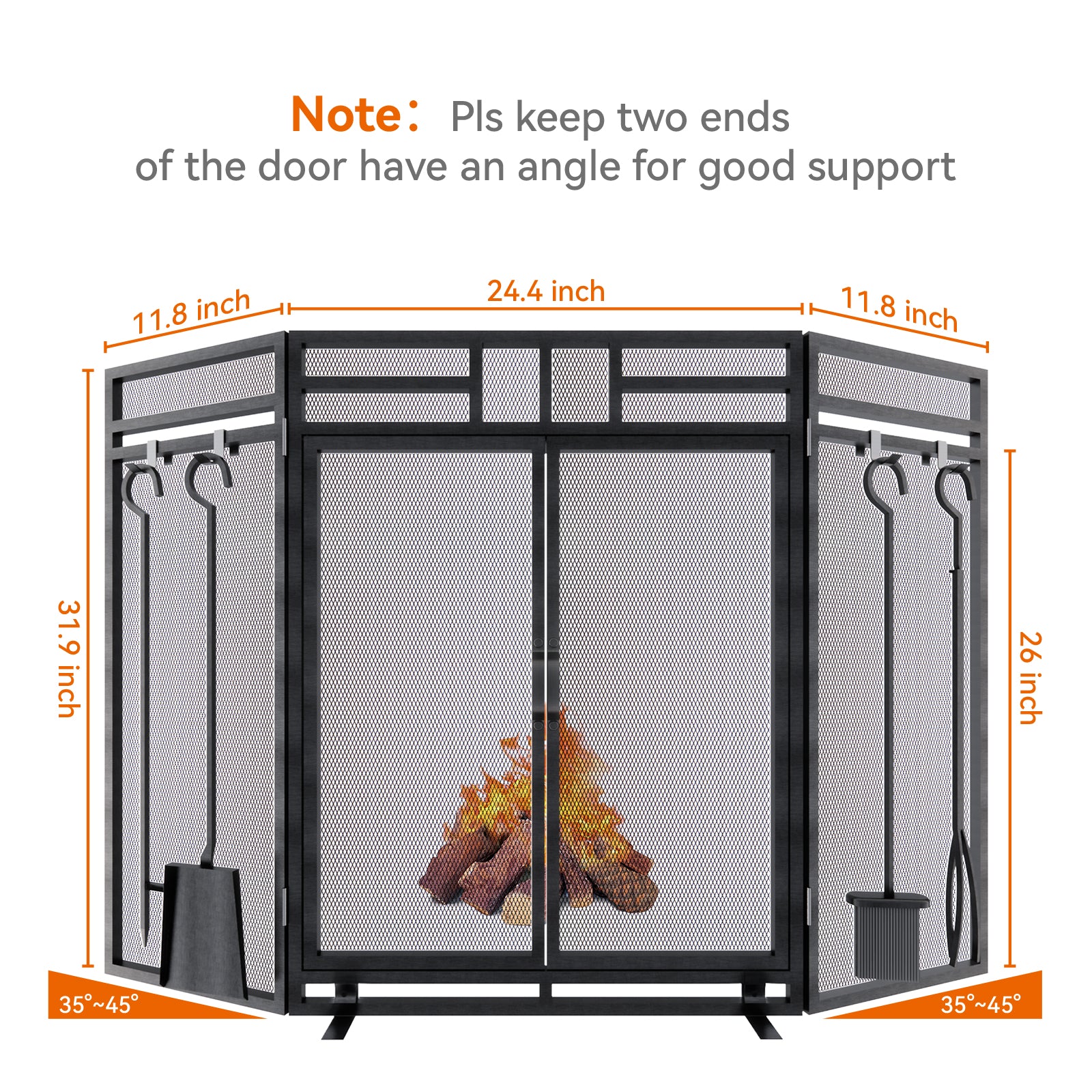 POWLAB 5 In 1 Double Door Fireplace Screen 49.6''x 30.7'' Large 3Panel Foldable Wrought Iron Free Standing Fireplace Screen Rustic Modern Mesh Furnace Fireguards Outdoor Protector Fireplace Cover