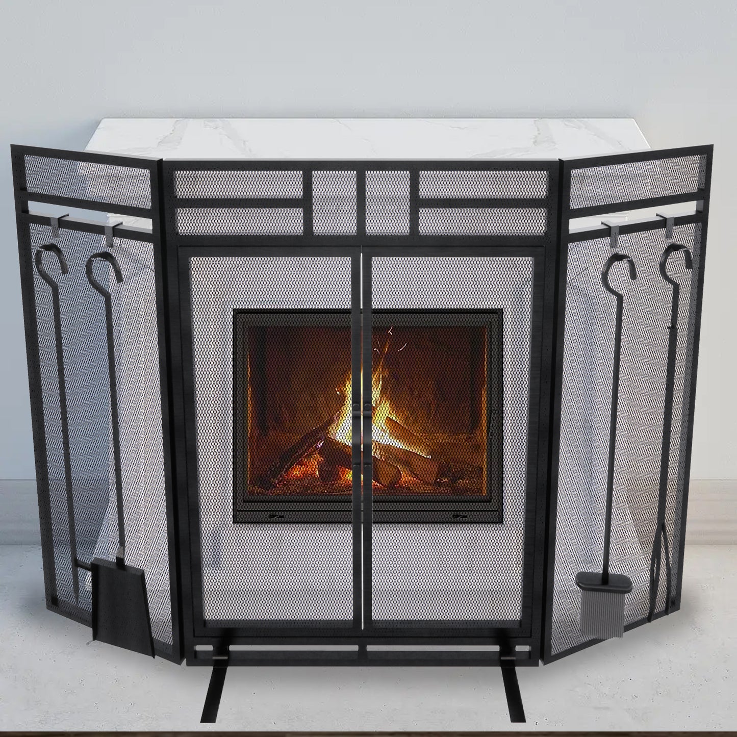 Fireplace Screen with Tools / 3 Panel Foldable Metal Fireplace Guard with Door