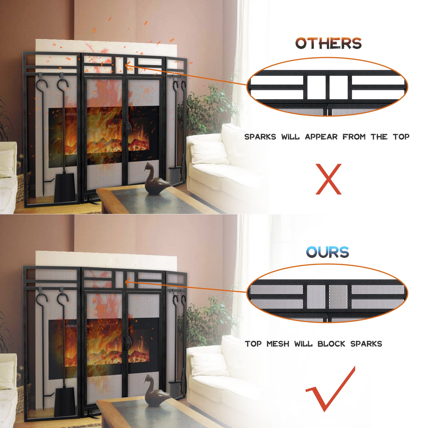 Fireplace Screen with Tools / 3 Panel Foldable Metal Fireplace Guard with Door