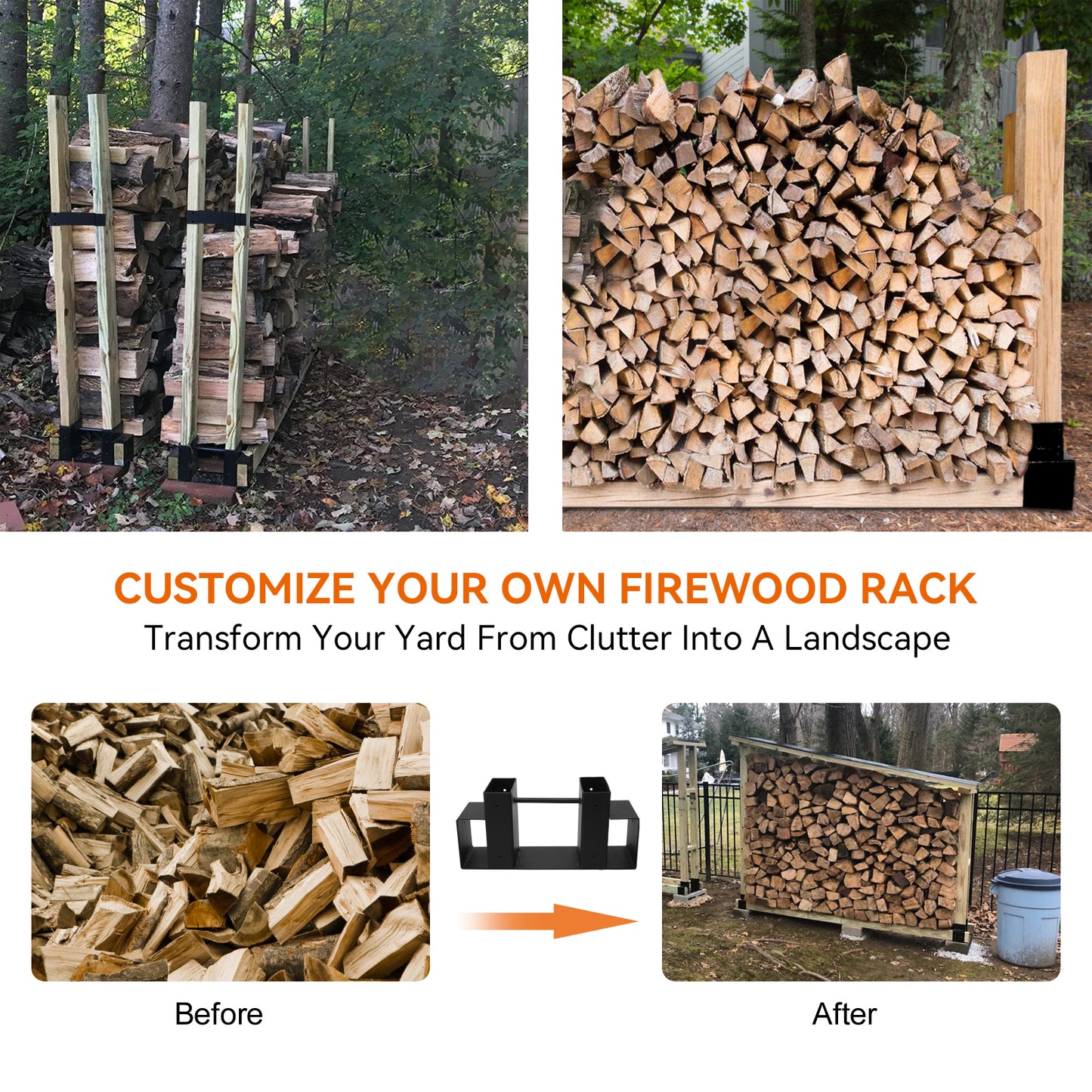 Firewood Log Rack Bracket Kit / Black Lumber Wood Storage Holder with Reinforced Bar