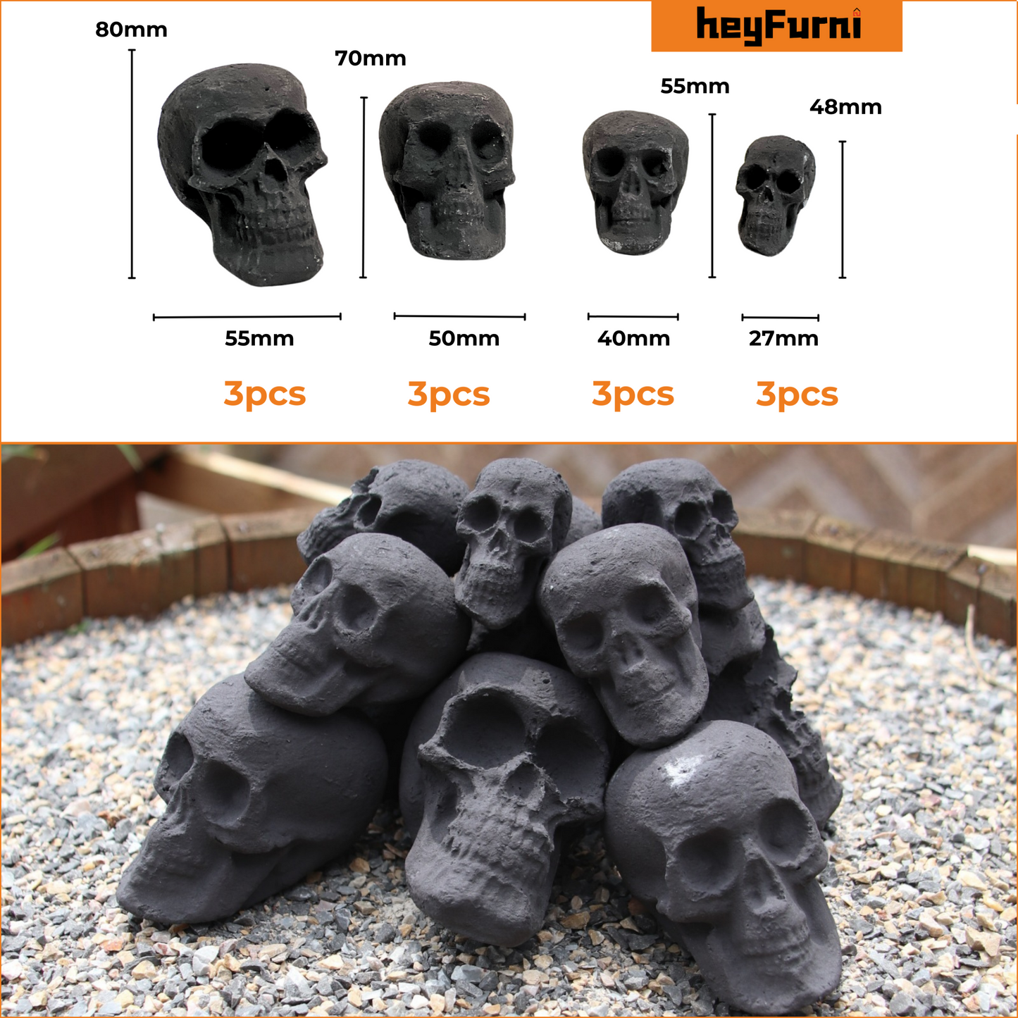 Skulls Fire Pit / Ceramic Fire Logs Skulls/ Set of 7/10/12 Mini Size