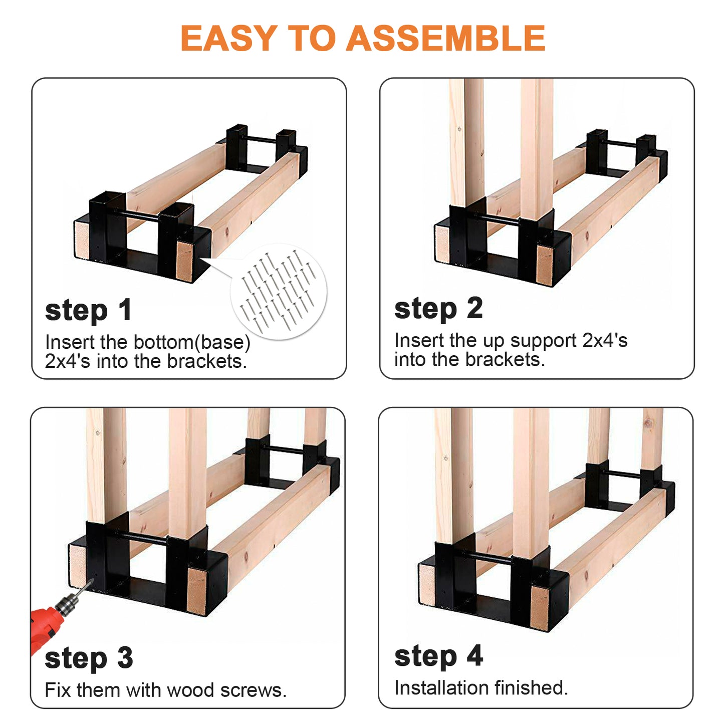 Firewood Log Rack Bracket Kit / Black Lumber Wood Storage Holder with Reinforced Bar