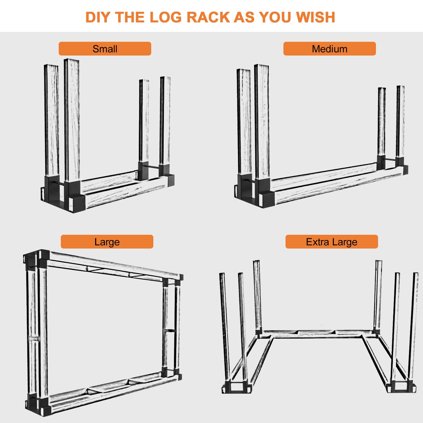 Firewood Log Rack Bracket Kit / Black Lumber Wood Storage Holder with Reinforced Bar